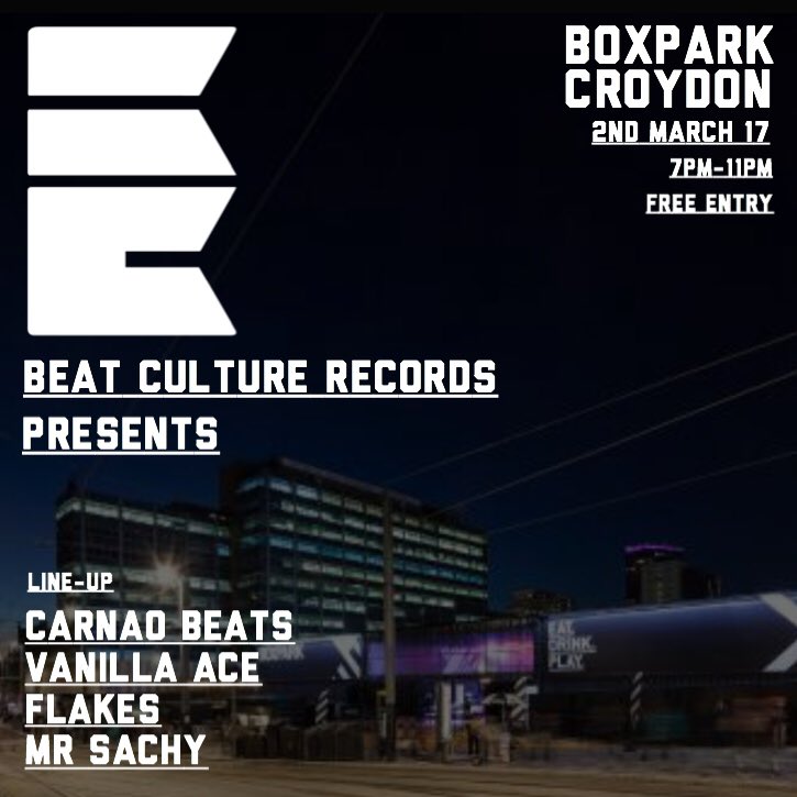 <a href="/CarnaoBeats/">C A R N A O  B E A T S</a> 
<a href="/VanillaAce1/">WyldCard Records</a> 
<a href="/flakesbeats/">Flakes</a> 
<a href="/MRSACHY/">SACHY</a> 

<a href="/BoxparkCroydon/">BOXPARK CROYDON</a> 

2.3.17 

This is going to be a partyyyy🍾🍾
