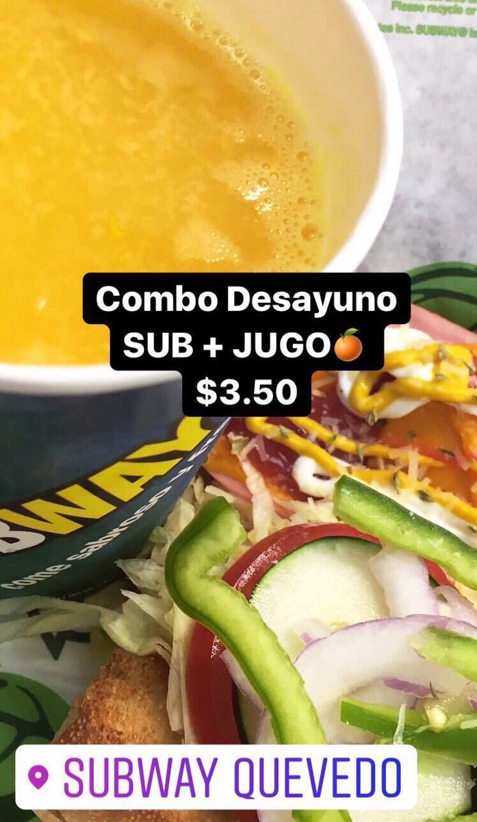 JohnSalcedoC's tweet photo. Pide el #ComboDesayuno en #SubwayQuevedo

SUBMARINO + JUGO DE #NARANJA #NATURAL por sólo $3.50

PROMO Disponible de ⏰9am a 12pm⏰en #QUEVEDO https://t.co/P0Htjpfyfl
