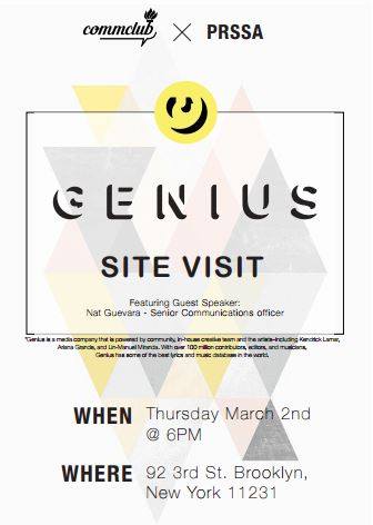 NYUPRSSA's tweet photo. Come join us for our GENIUS x PRSSA x Comm Club event. The Senior Communications Officer will speak to us about his experience at Genius. https://t.co/dxOq3UvptC