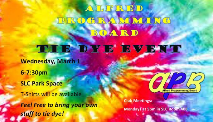 APBAlfred's tweet image. Tie Dye event! Today at 6-730pm in the SLC Park space!