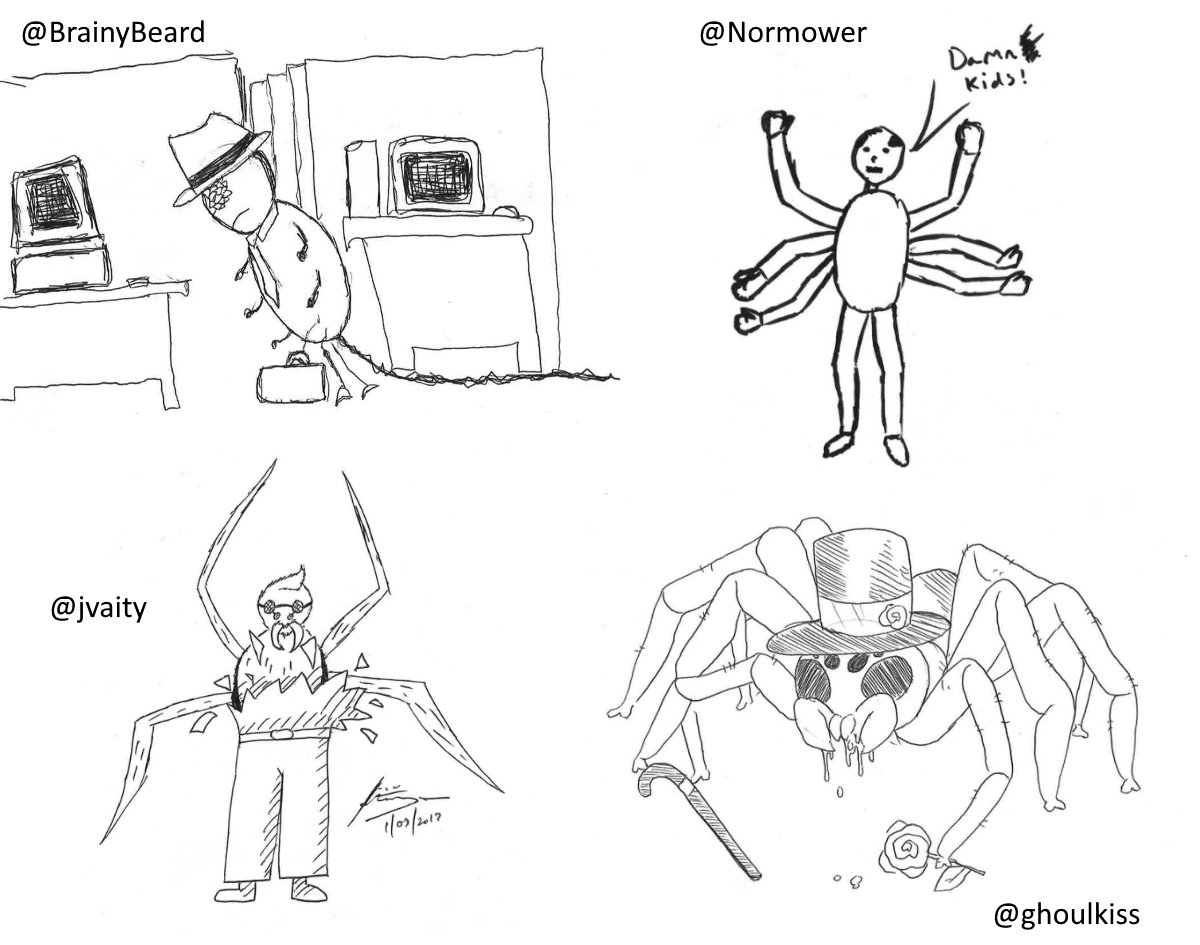 QQualityStudio's tweet image. Today&apos;s #DailyDoodle theme is #ManSpider! W/ @BrainyBeard @Normower @jvaity @ghoulkiss. Who dun best? #illustration #drawing #indiedev