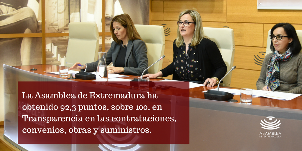 Asamblea_Ex's tweet photo. La Asamblea de Extremadura ha obtenido 92,3 puntos, sobre 100, en Transparencia en las contrataciones, convenios, obras y suministros. https://t.co/t6xZOl0jZh