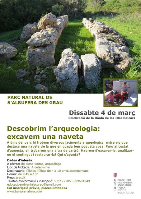 Dissabte 4 març activitat infantil al Parc Natural de s'Albufera des Grau "Descobrim l'arqueologia: excavem una naveta" #Menorca #Biosfera