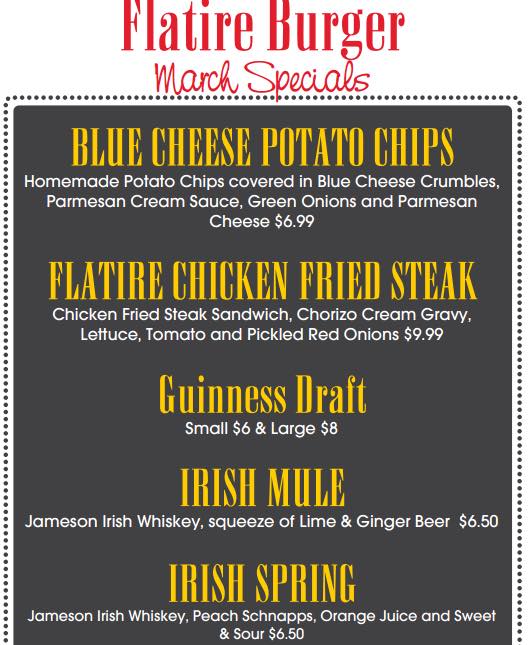 flatireburgers's tweet photo. We have quite the lineup of #March specials at #FlatireBurgers! Stop in soon for a #Guinness!  It's #StPatricksDay Month! https://t.co/1sobbYxKLM