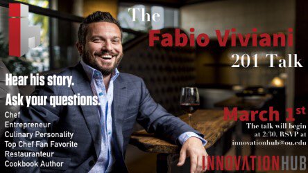 UofOklahoma's tweet photo. You've seen him on #TopChef. Meet @fabioviviani today at 2:30 @OUInnovationHub or watch his #201Talks live on FB!
https://t.co/oM5xrANSJp https://t.co/9cM08p728a