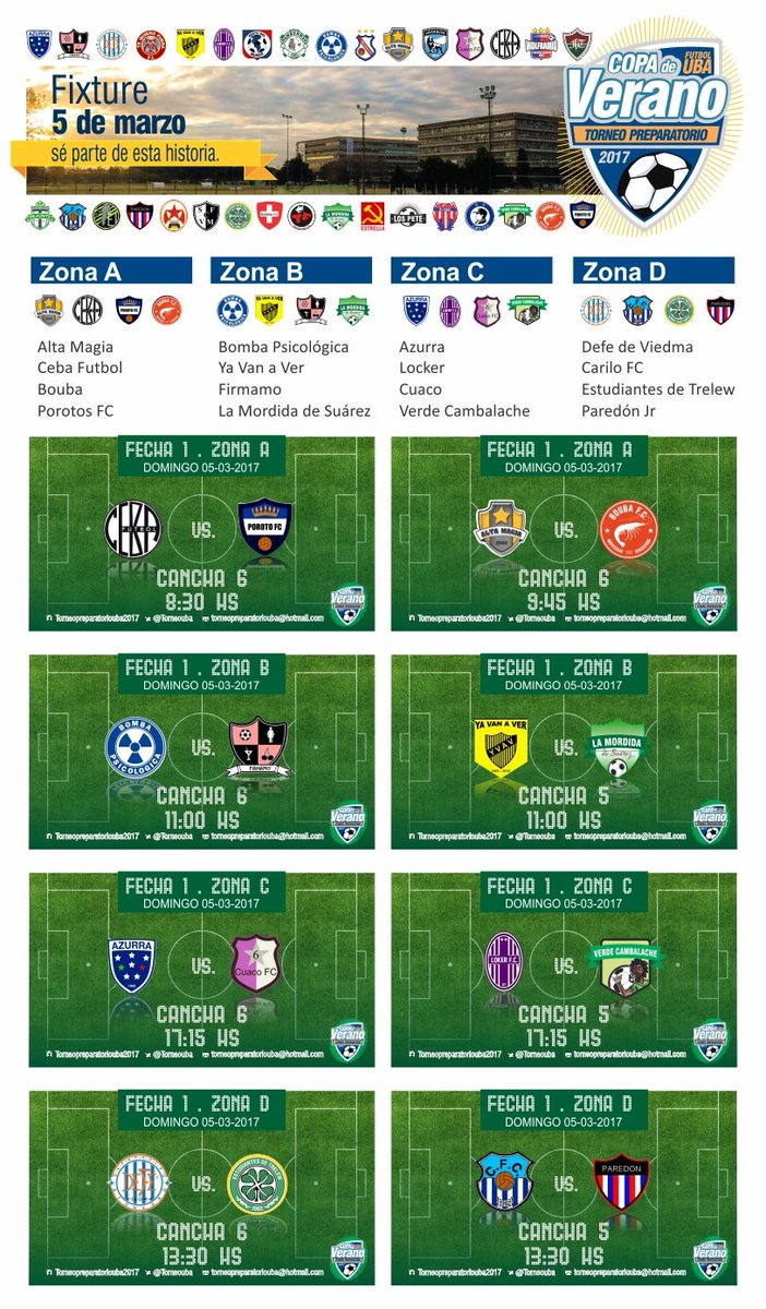 Fecha 2. Domingo 5 de Marzo!
Grupo  (A-B-C-D)
#copadeverano2017
#UBA
<a href="/torneouba/">Liga Amateur Argentina</a>