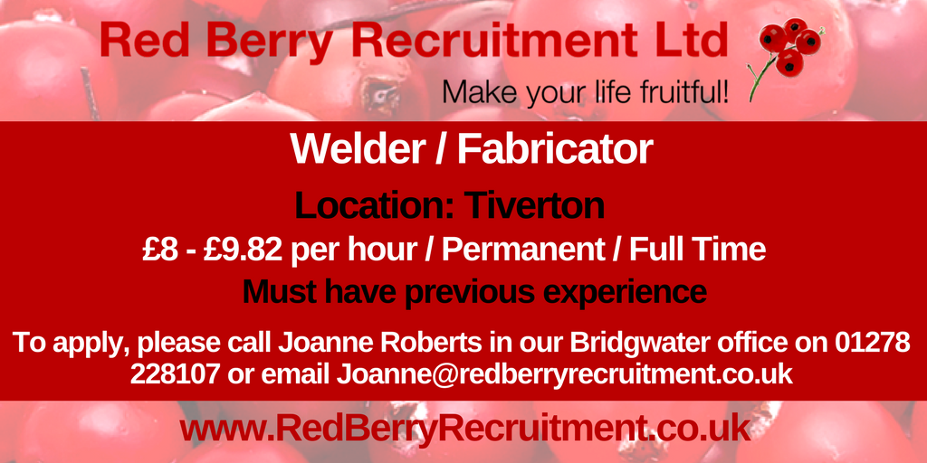 Are you an experienced Welder / Fabricator?
Are you actively looking for work in the Tiverton area? 

Call now 01278 228107 
#TivertonJobs