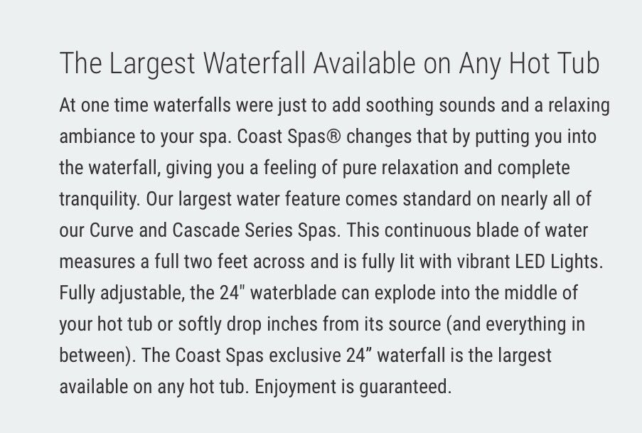 CoastSpasLV's tweet photo. It's #WaterfallWednesday! #CoastSpas #Eclussive 24" #Waterfall is the largest available on any #HotTub.  #FindYourSpa #HotTubLiquidators! https://t.co/aaHenhkUYf