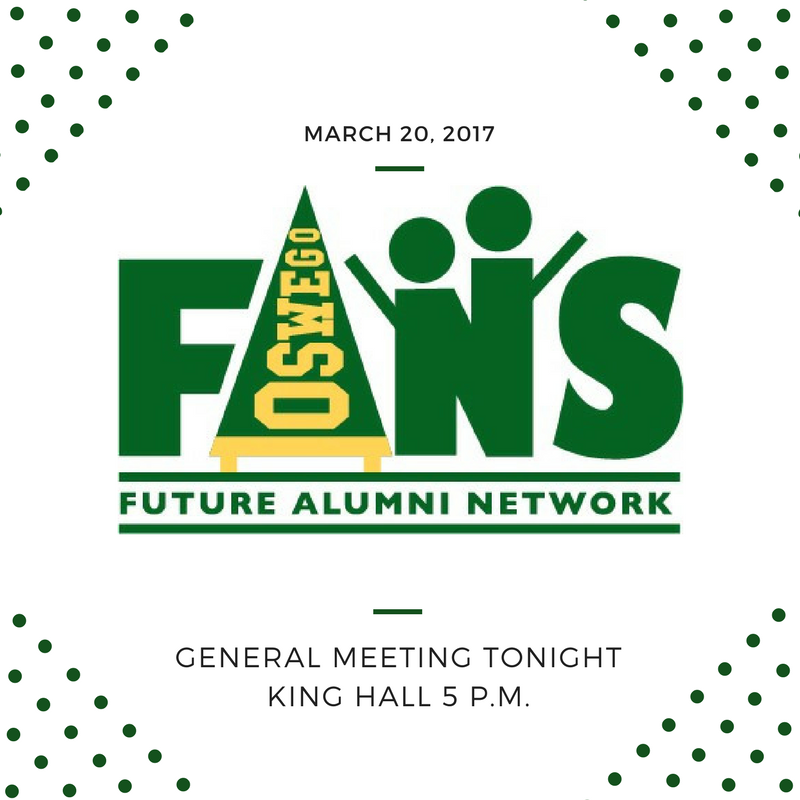 SUNYOswegoFANs's tweet photo. Kickoff the second half of the semester with FANs! General meeting tonight in King Hall! #FANsFam https://t.co/KcBDhwGg7n