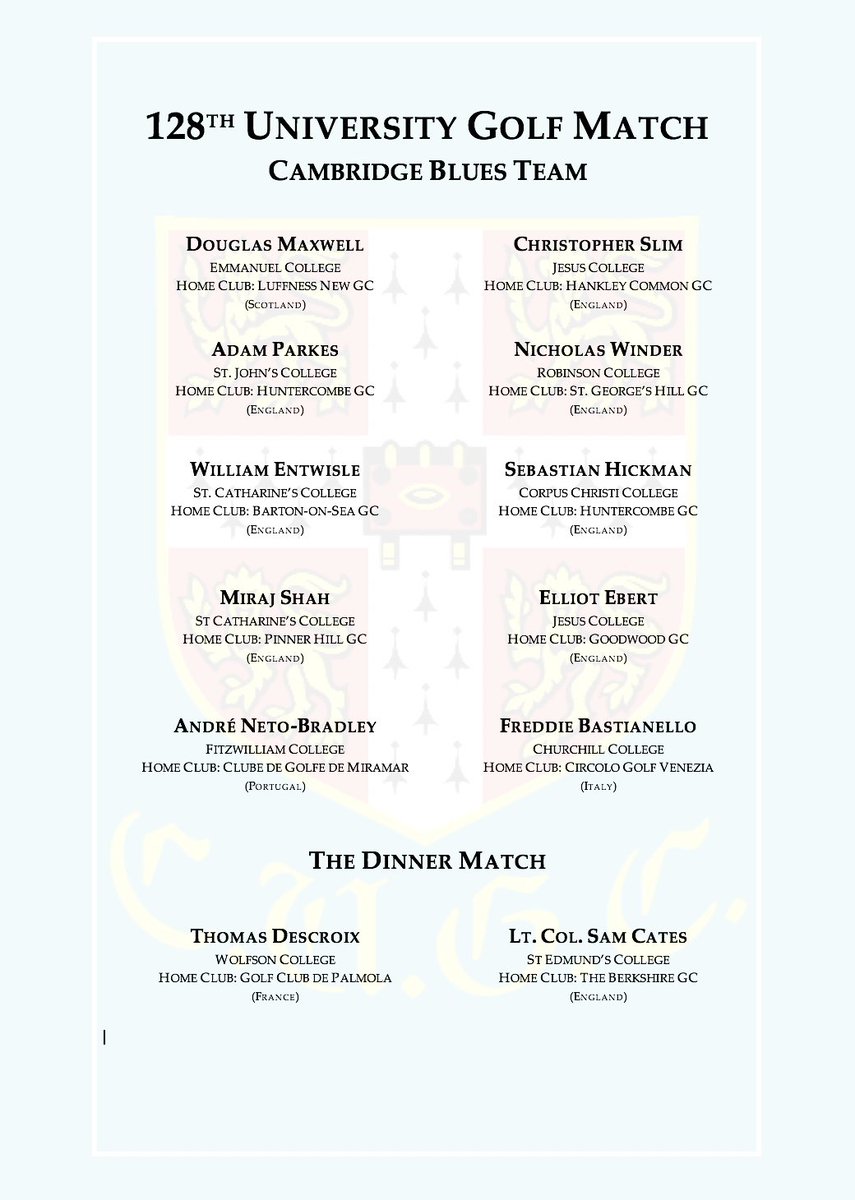 TEAM NEWS <a href="/CambUniGolfClub/">Cambridge Uni Golf</a> Blues to play <a href="/OUGolf/">Oxford Uni Golf Club</a> at <a href="/GantonGC/">Ganton Golf Club</a> in 128th Varsity Match 23-27 Mar <a href="/thehawksclub/">The Hawks' Club</a> <a href="/SkySportsGolf/">Sky Sports Golf</a> #GDBO #golfchat