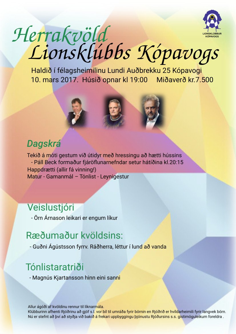 Herrakvöld þann 10 mars kl:19:00 <a href="/LionsKopavogur/">Lions Kópavogur</a> #herrakvöld