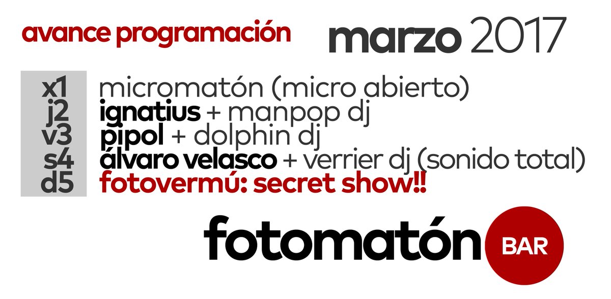 #HolaMarzo!
Recibimos el mes con el #avance de la #programacion para esta semana en <a href="/FotomatonBar/">Fotomatón</a> #madrid
Os veo mañana,
#LosJuevesdelFoto