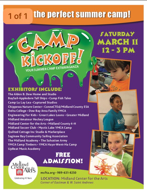 theCampLuLayLea's tweet photo. Come to the camp kickoff on Sat. March 11th from 12-3pm at the Midland Center for the Arts! https://t.co/5ACyTGzH9U