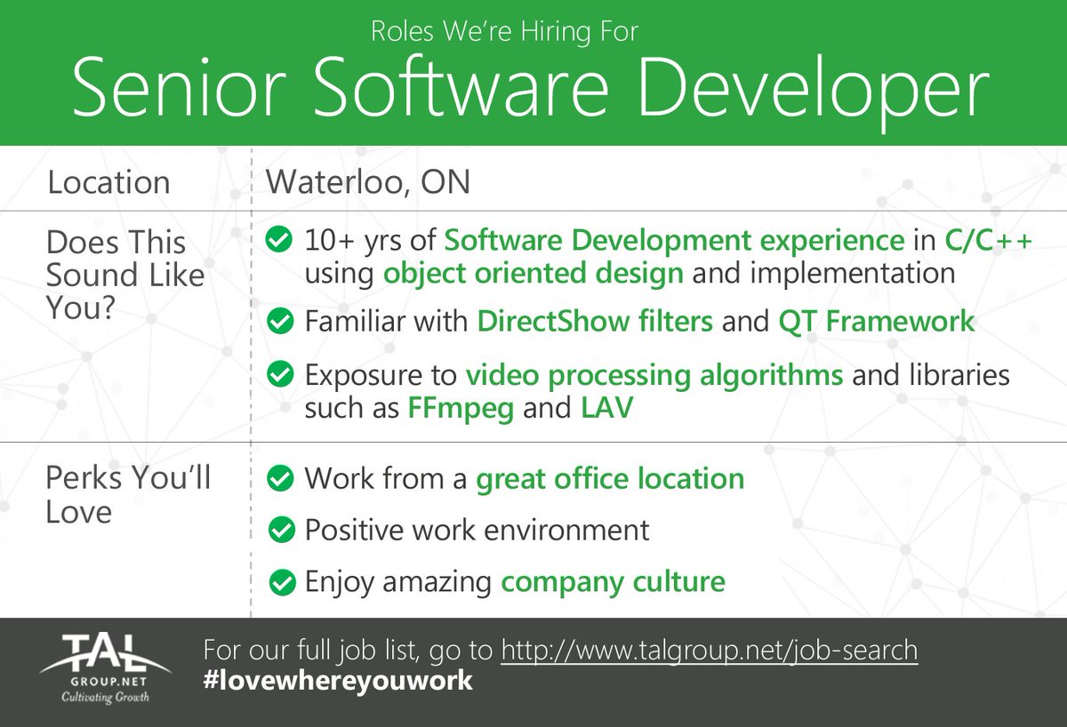 TALGroup's tweet photo. We're #Hiring a Sr Software Developer in Waterloo! Great office, projects &amp; team. Apply: https://t.co/pvD7gwWq1R #C++ #QTFramework #LAV #ON https://t.co/2M5vVq1KuM