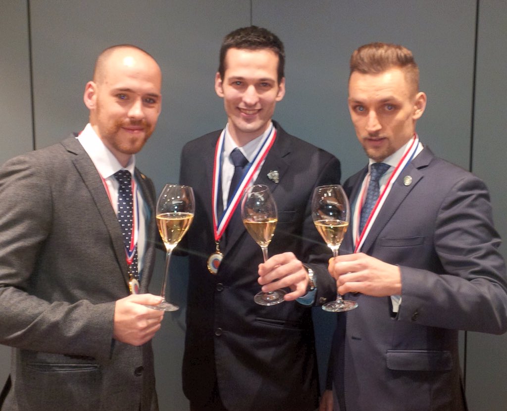 The top 3 in Chaine Rotisseurs '2017 Young Sommelier' :- Tamas Cziniski, Olivier Frayssinet &amp; Piotr Pietras (winner announced on 24 March).