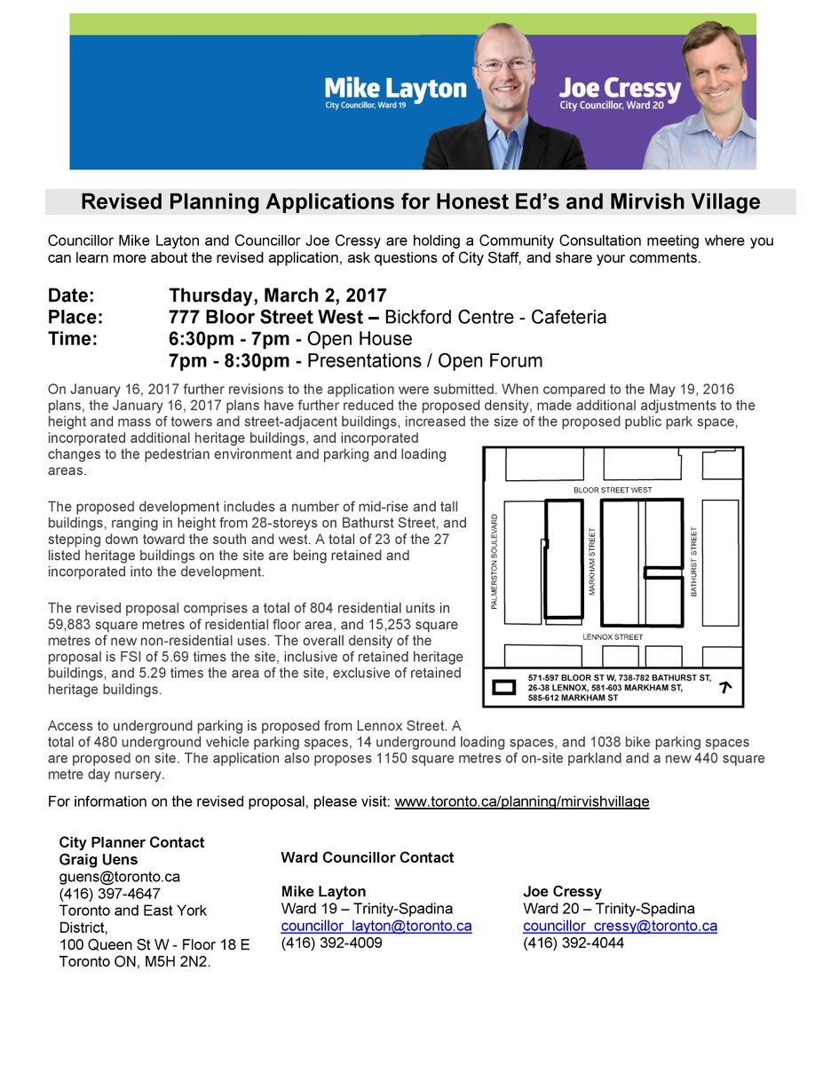 Join Councillors Mike Layton and Joe Cressy tomorrow at the Mirvish Site Redevelopment Community Meeting, 777 Bloor Street West, 6:30 p.m.
