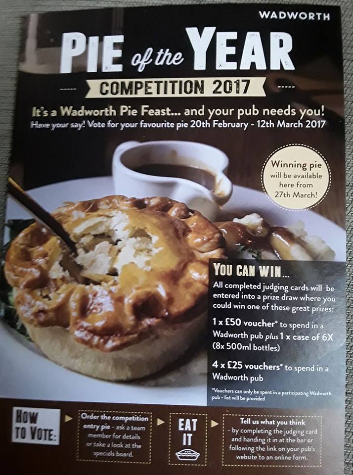Why not come down and try our competition pie tonight and have a chance of winning some nice prizes