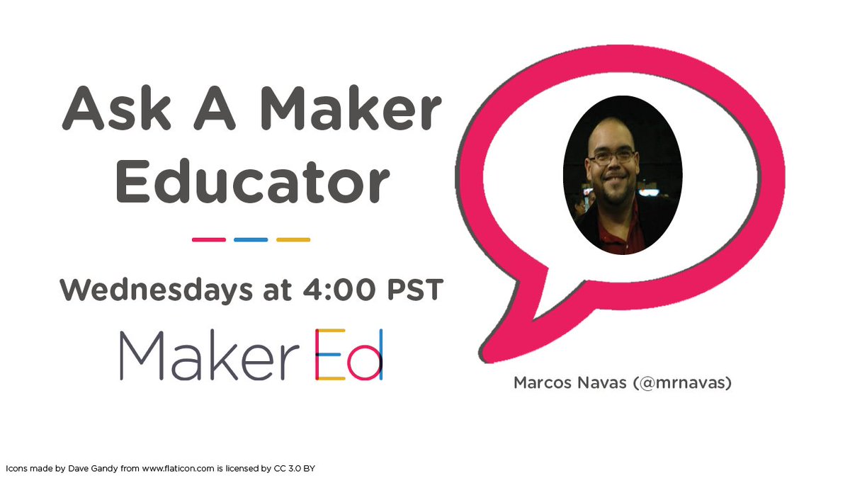 dwk1rk's tweet image. Get your ?s in ASAP for #AskAMakerEducator with @mrnavas! We&apos;ll be exploring hands-on coding at 4:00 PST bit.ly/2lhpSGr #makered