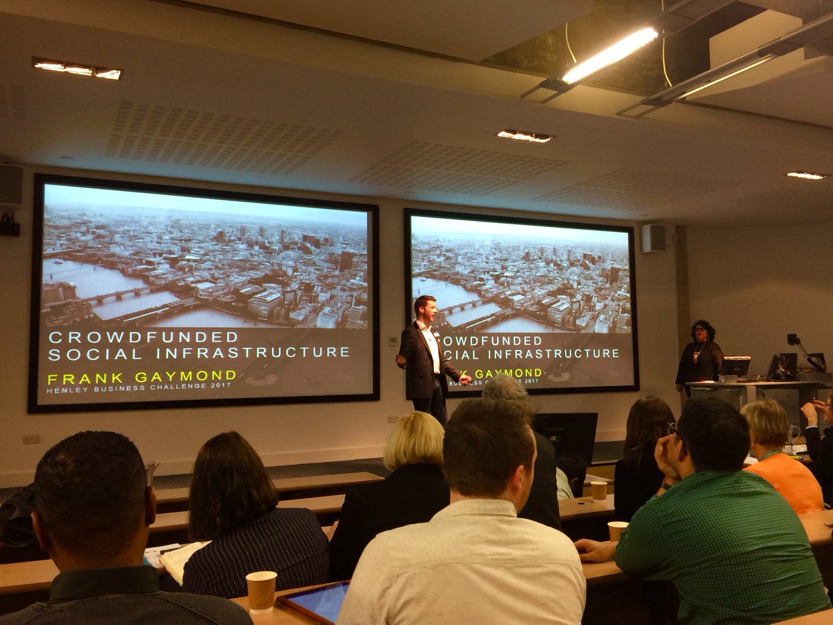 HenleyBSchool's tweet photo. Team 3, Frank Gaymond, MSc Real Estate @REPatReading presenting on #crowdfunding and social #infrastructure #HenleyChallenge https://t.co/cayqZ6JRFS