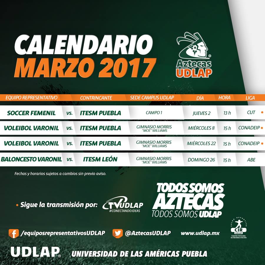 aztecasudlap's tweet photo. Prepara tu agenda. 🔖
Sigue la cobertura de @tvudlap para nuestros siguientes partidos de marzo:
#voleibol #Baloncesto #futbol ��️🏀🏐💚 https://t.co/RVhFpOPBmb