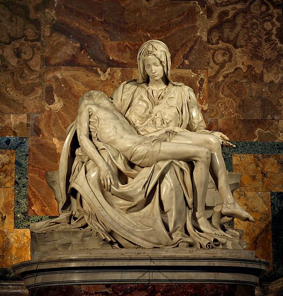 La Piedad, escultura en mármol realizado por Miguel Ángel entre 1498 y 1499. Dimensiones 174 por 195 cm. Basílica de San Pedro del Vaticano.