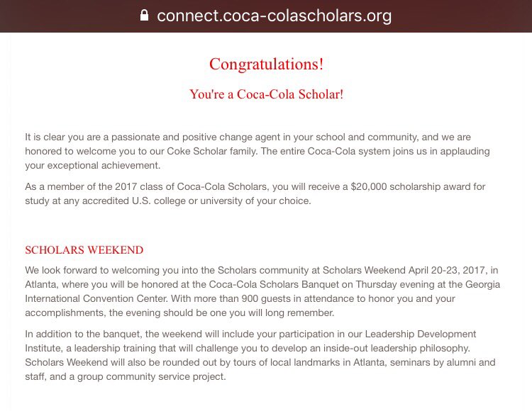 sokukrazy's tweet photo. Beyond honored to share that I was selected as a 2017 Coca Cola Scholar! Thank you @cokescholars foundation! 🍷🎓🌎 #2017CokeScholars https://t.co/P9f6kX3JPP