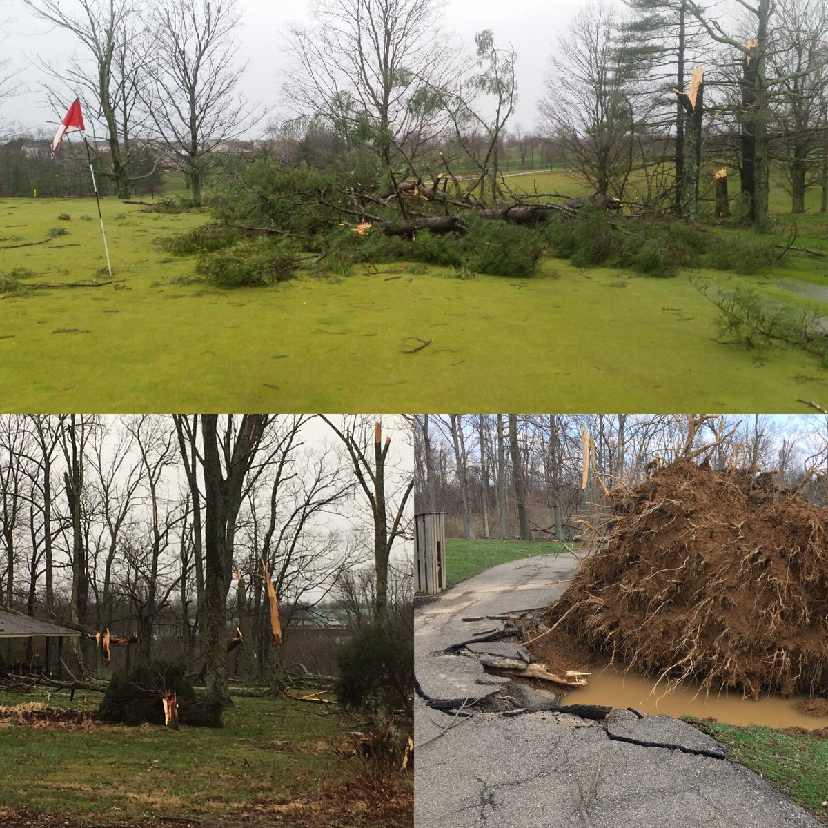 Result of heavy winds that came through w. the storm. Working to assess the total damage &amp; will keep you posted when we can open for play!