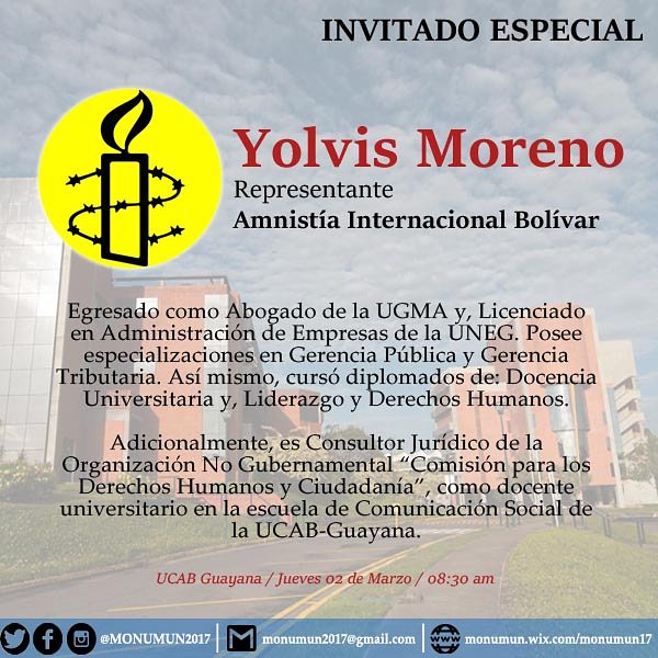 MONUMUN2017's tweet photo. ¡Conoce a nuestro invitado especial a la ceremonia de apertura por parte de Amnistía Internacional, Yolvis Moreno! 
#SeVieneLaCuarta https://t.co/XKFbPdy0lg