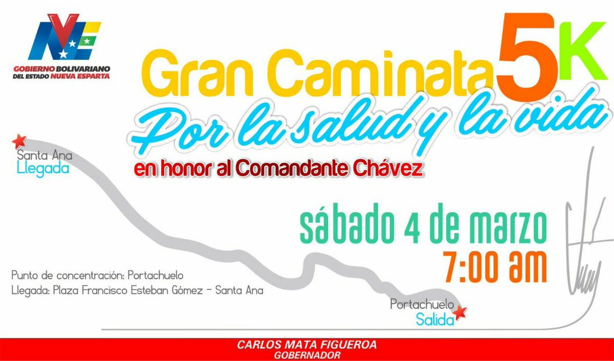 NoticiasMgta's tweet photo. Entérate📢| #NuevaEsparta Este Sábado #04Mar acompañemos a nuestro Gob. @CarlosMataCMF a "Marcha 5Km por La Salud" https://t.co/VG158yz9fA