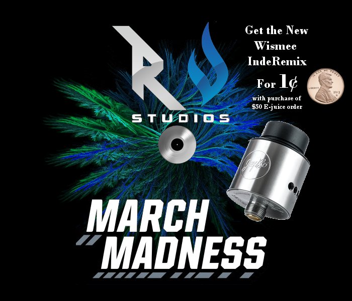 rockinvape1's tweet photo. March Madness at https://t.co/GXEoOsTfj9 Get the Wismec IndeRemix RDA for 1¢ with a purchase of $50 or more in e-juice #vape #vapelife https://t.co/0JpdvQ2dWK