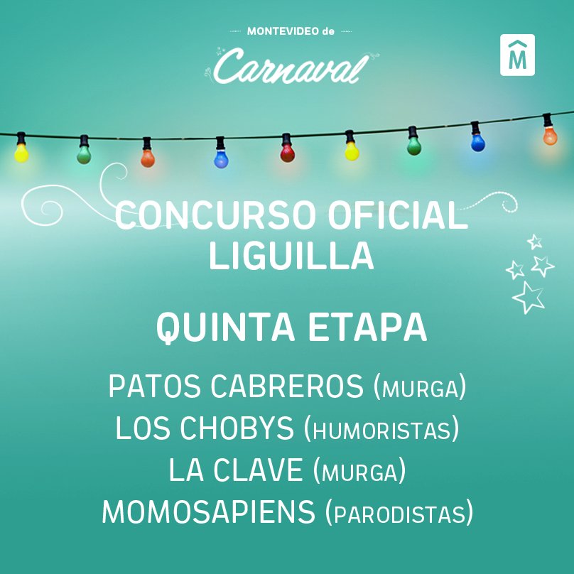 Quinta etapa de la Liguilla del Concurso Oficial de #Carnaval.

Toda la programación➡️bit.ly/2lQURwV  

#MontevideoDeCarnaval 🥁🎉🎭