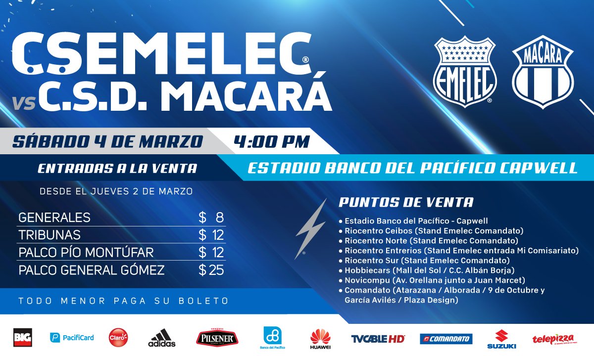 CSEmelec's tweet photo. Este sábado te esperamos en el Estadio Banco del Pacífico Capwell. Precios y puntos de venta para el partido @CSEmelec VS @Macara_Oficial https://t.co/J7iRoFtEPD
