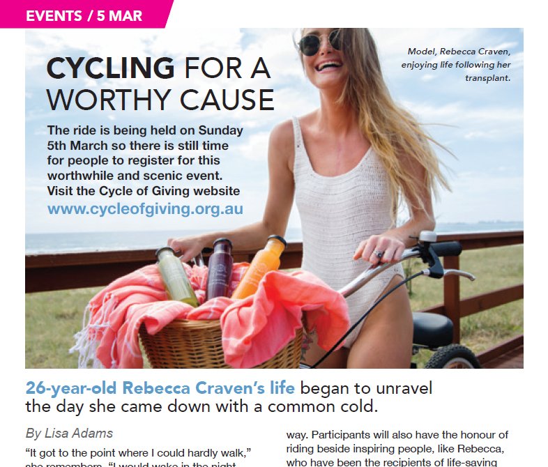 CycleofGiving's tweet photo. Check out transplant recipient Bec Craven in this month's #RedcliffeGuide supporting the #CycleOfGiving https://t.co/Wh5ZfxDJ0D https://t.co/HXRdLYTeax