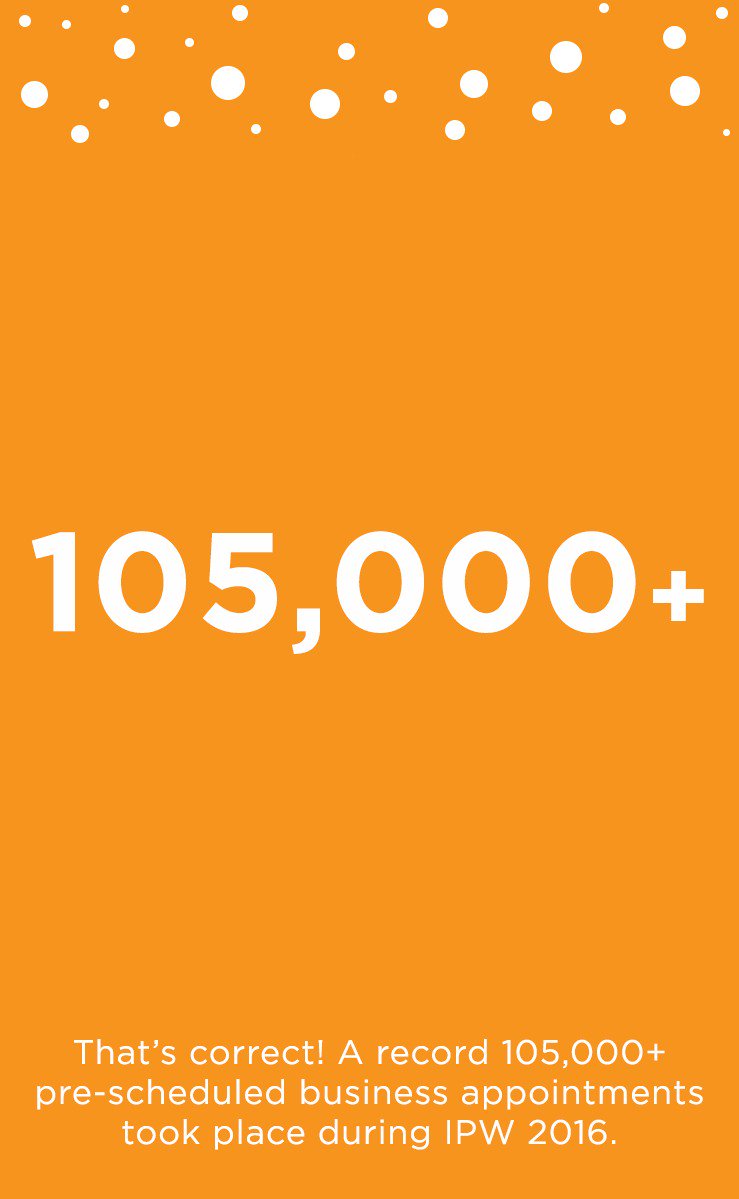 ustravelipw's tweet photo. Can you guess how many pre-scheduled business appointments took place during #ipw16? Here's to even bigger business at #ipw17! https://t.co/mgFWhhkzkw