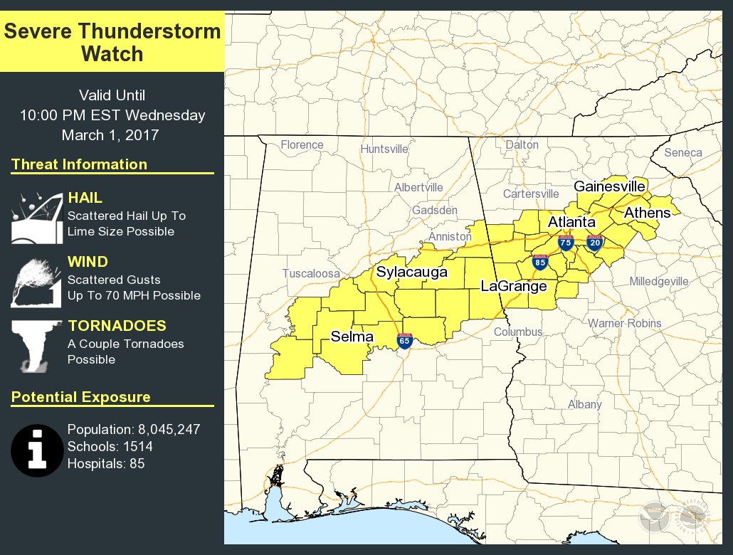 A severe thunderstorm watch has been issued for parts of Alabama and Georgia until 10 PM EST