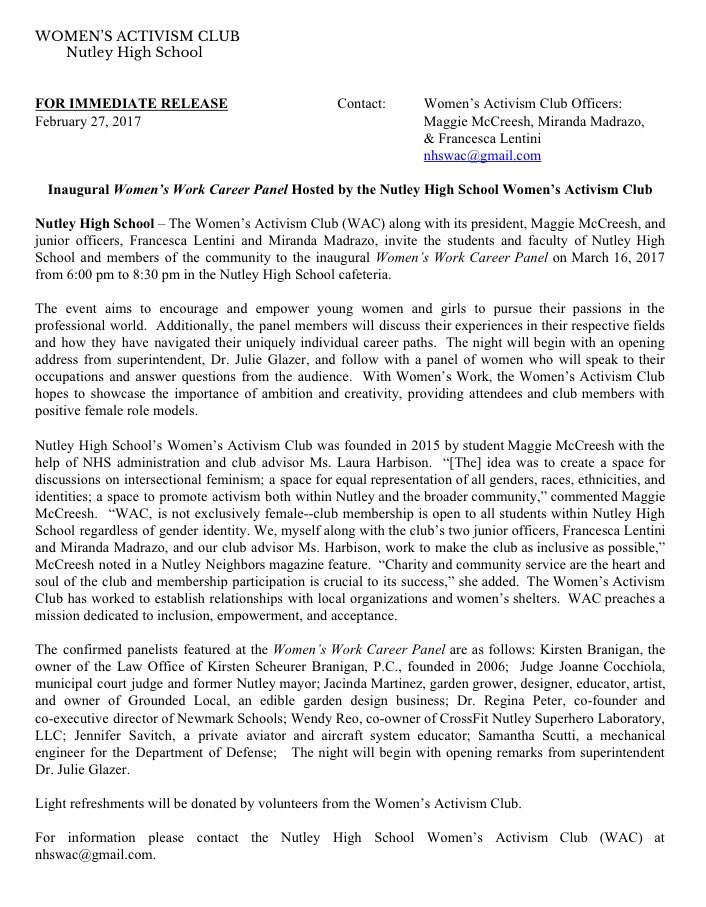 Come join us on March 16 at 6 pm in the NHS caf for our first "Women's Work Career Panel"! All district students/staff/families are welcome.