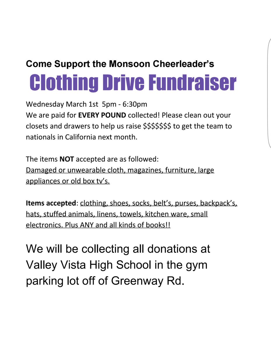 MonsoonCheer's tweet photo. Don't forget to drop off your donations tonight before the Dysart showcase https://t.co/BsGbmF7KN6