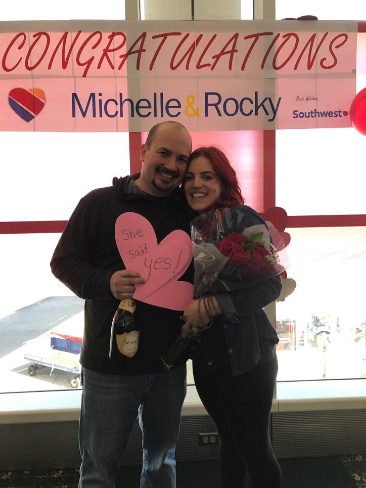 MCO's tweet photo. Meeting on a Southwest flight neither were supposed to be on, Rocky &amp; Michelle will soon be 💺 mates for life. ❤️ 📹: https://t.co/FtR3G4PScA https://t.co/3zOWoPutNf