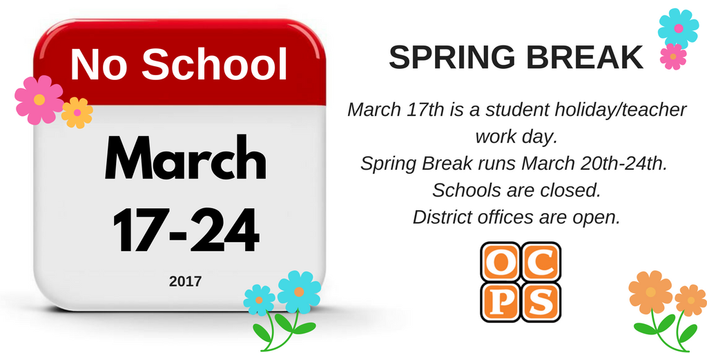 OCPSnews's tweet photo. Calendar alert: Spring Break is coming up soon! https://t.co/ni1jFjm860