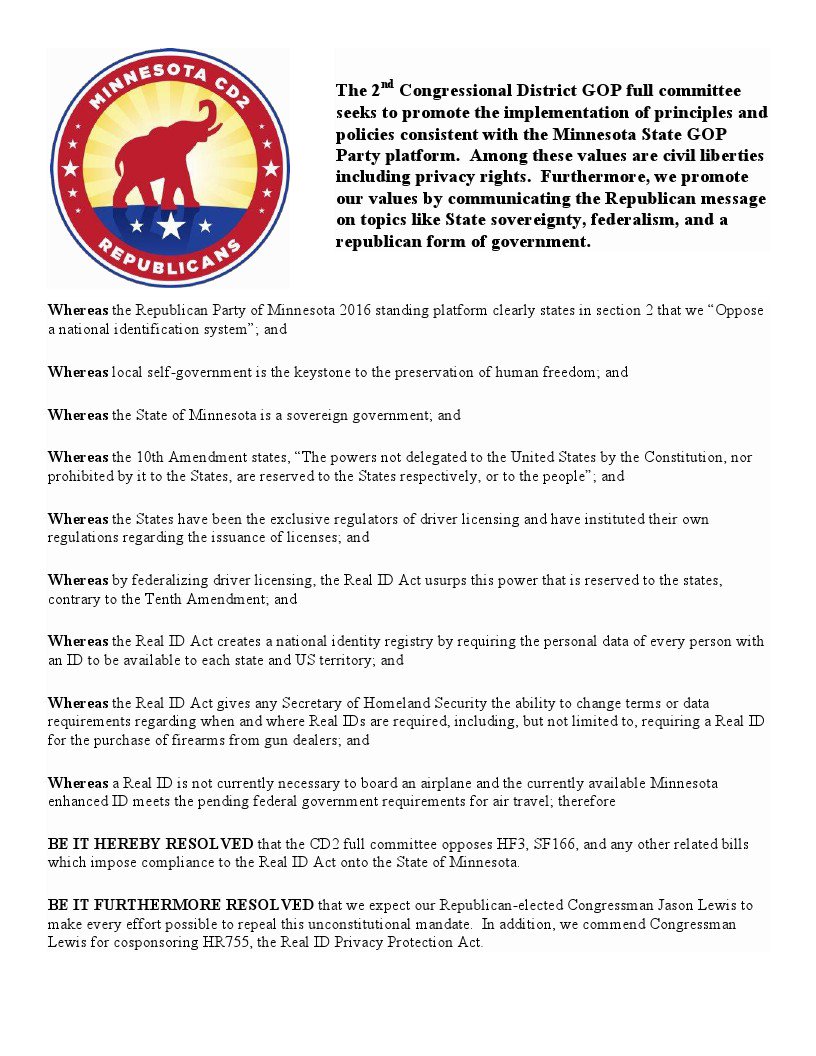 Unanimously approved in opposition to Real ID. CD2 commends @RepJasonLewis cosponsoring HR755, Real ID Privacy Protection Act. #mn02 #mnleg