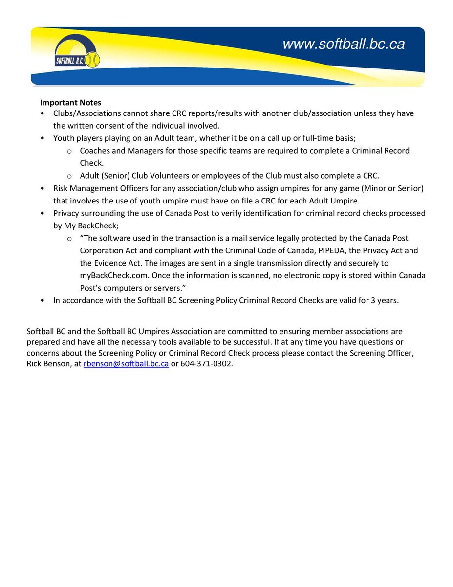SBCUMPIRES's tweet photo. All SBBC mpires, age 18 and older, shall obtain a certified criminal record check and a vulnerable sector check, prior to umpiring any game https://t.co/vmz8W4zlbM