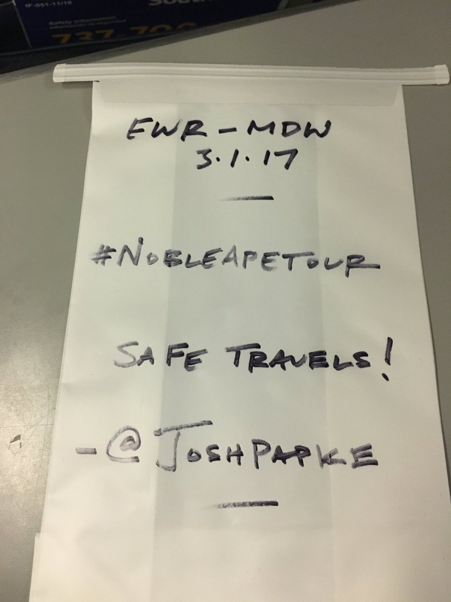 joshpapke's tweet image. @SouthwestAir #783:
EWR - MDW | 3.1.17

Sorry I missed you guys.
Catch you on the #NobleApeTour!

#BarfBagBlog
@JimGaffigan
@jeanniegaffigan