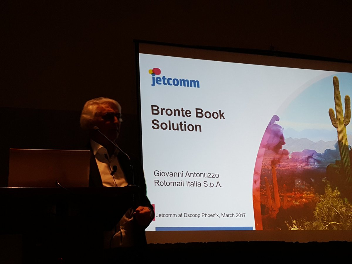 PrintMediaCentr's tweet photo. Giovanni Antonuzzo from @Rotomail_Italia discusses their #Bronte book solution. Check it out! #jetcomm #dscoopphoenix https://t.co/2n3sVIKqOw