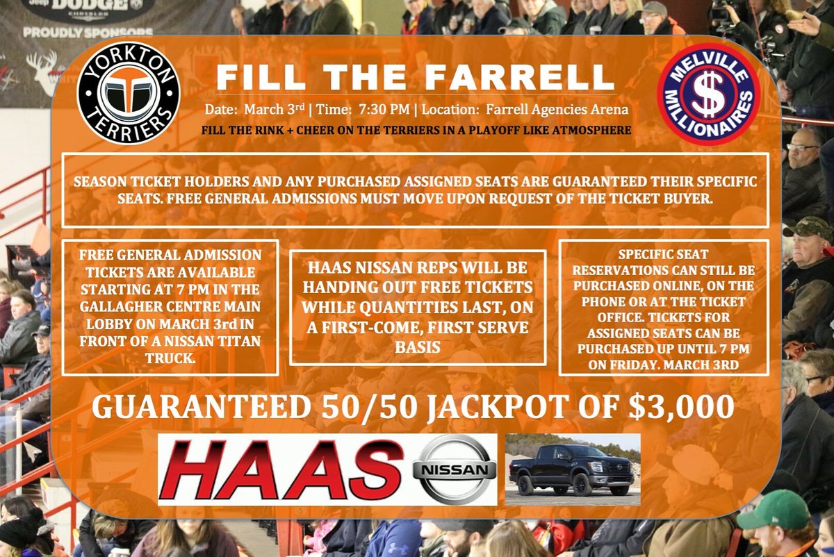 SJHLTerriers's tweet photo. FREE GENERAL ADMISSION TICKETS FOR FRIDAY'S GAME VS @Milshockey at 7:30 in FAA. Here's all the details. #FillTheFarrell #rivalnight https://t.co/gkh0e8Mx7Z