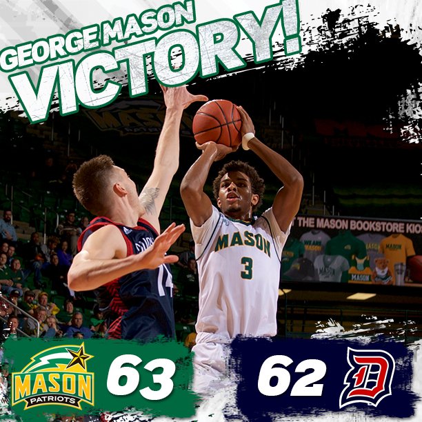 MasonMBB's tweet photo. FINAL: Mason 63, Duquesne 62!

Patriots improve to 9-8 in the A-10 and 19-11 overall!

Jenkins (!3 pts), Moore (8 pts, 13 reb) lead! https://t.co/0CMSAPPwmF