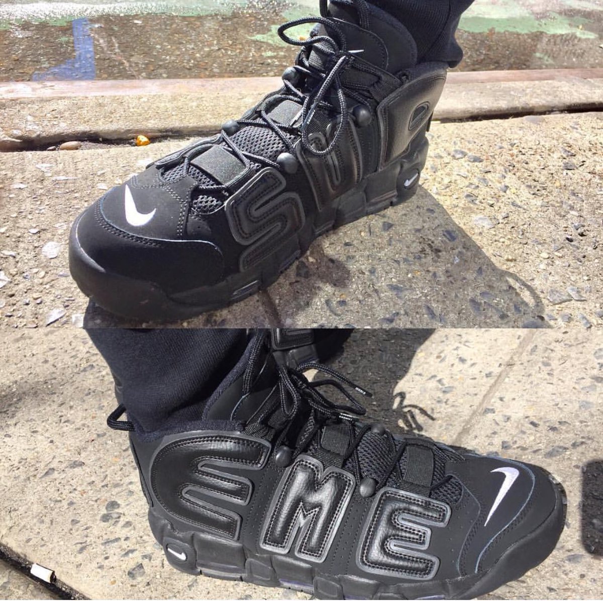 nike uptempo black on feet