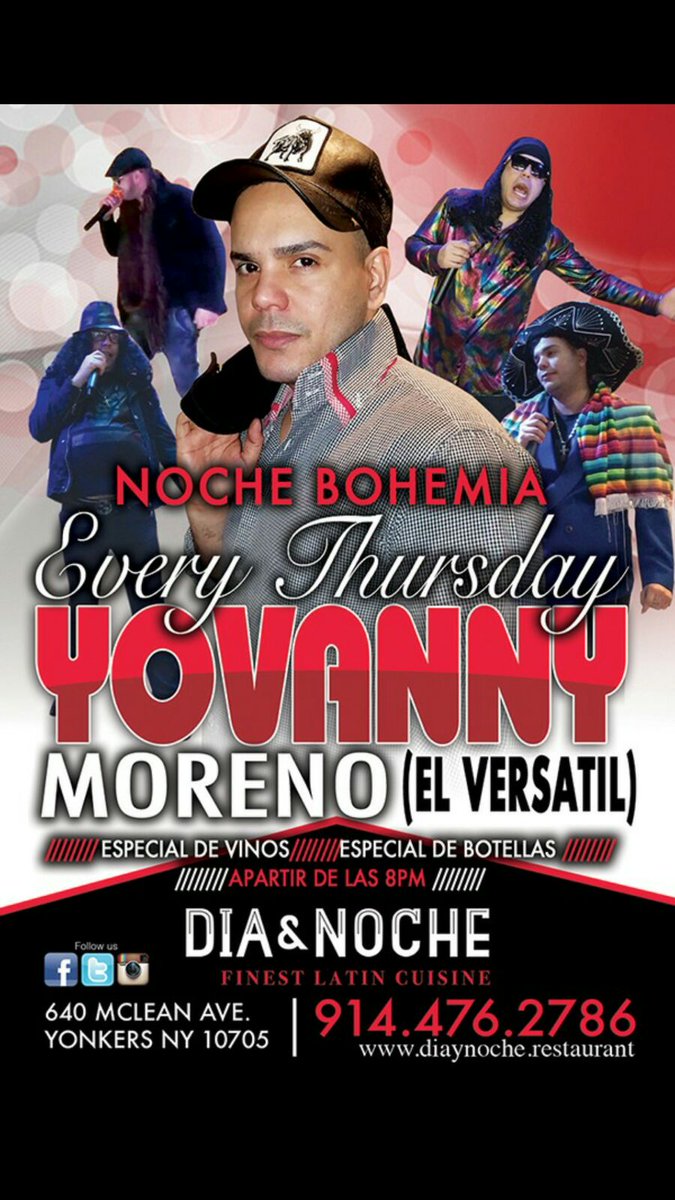 DiaynocheRest's tweet photo. Yovanny Moreno brings four different characters to the stage with his versatile style of comedy every Thursday Night starting at 9pm. https://t.co/932GxE3aMd