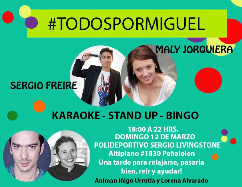 rvromina's tweet photo. #todospormiguel Karaoke, Stand Up y Bingo a beneficio de Miguel Maureira. Participarán @sergiofraude y @MalyJorquiera animando @inigourrutia https://t.co/z36okeOVdM