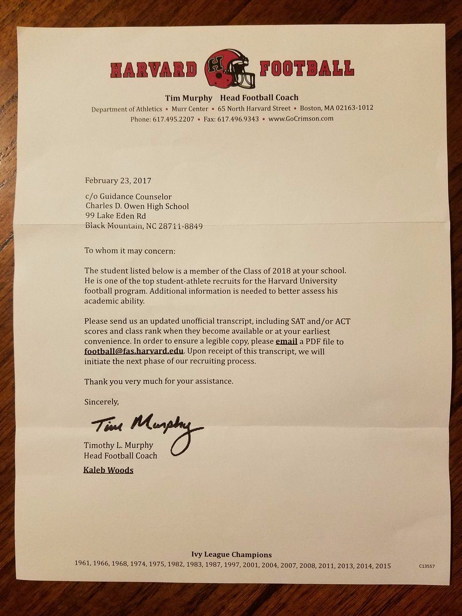 KalebWoods53's tweet photo. #HARVARDFOOTBALL Got this letter today at School proud to see #HARDWORKSWORKS IS WORKING. https://t.co/30OTMRLk0N