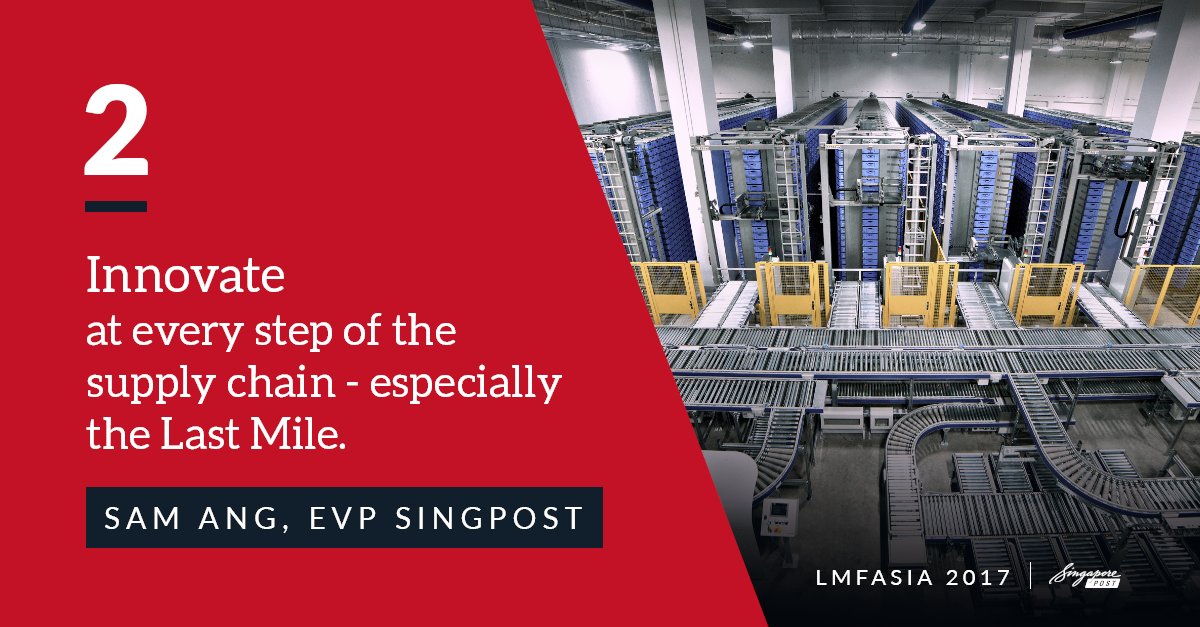SingPost's tweet photo. Sam Ang shares 4 ways for #logistics companies to step up their game @LMFAsia. 2: Develop Differentiation through Innovation. https://t.co/h3M6Xb0AUi